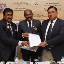 Lion Vijay Raju - International Director - Lion Manish Ladage - President - Lions Club of Thane North - Kamal Johari - MD - Nobel Hygiene Pvt Ltd