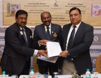 Lion Vijay Raju - International Director - Lion Manish Ladage - President - Lions Club of Thane North - Kamal Johari - MD - Nobel Hygiene Pvt Ltd