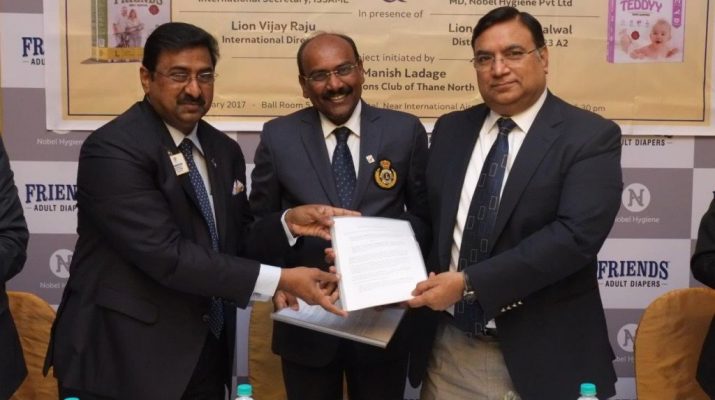 Lion Vijay Raju - International Director - Lion Manish Ladage - President - Lions Club of Thane North - Kamal Johari - MD - Nobel Hygiene Pvt Ltd