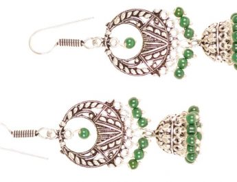 9691 A pair of antique silver toned jhumkaÂ earingsÂ with green beaded detail Rs 398