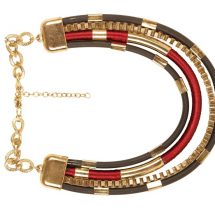 9727 Gold toned multilayered statement necklace - has gold chain - maroon thread work and black details INR 698 - Beaded necklace