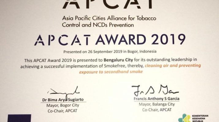 Bengaluru Wins Global Prize for Implementing Smoke-Free Laws - APCAT award