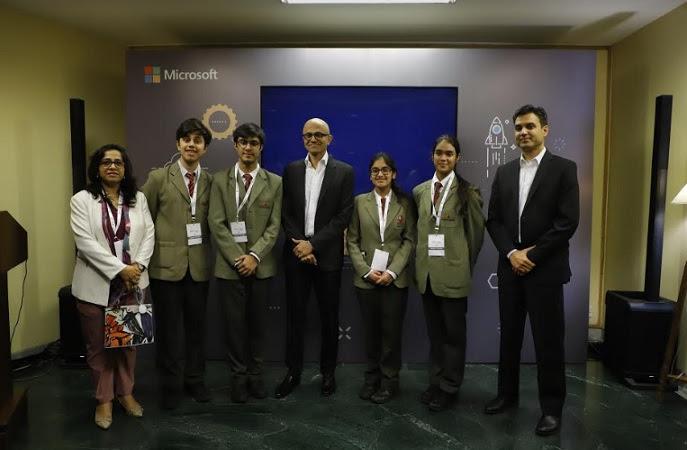 Students and teacher of Suncity School - Gurugram with Satya Nadella - CEO - Microsoft and Anant Maheshwari, President - Microsoft India