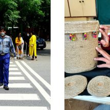 A visually impaired person crossing the street and another learning rope craft