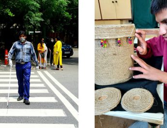 A visually impaired person crossing the street and another learning rope craft